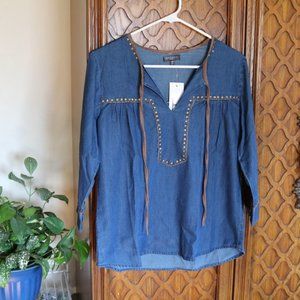 Hannah Tie Neck Denim Studded Peasant Top Tunic  – NWT!